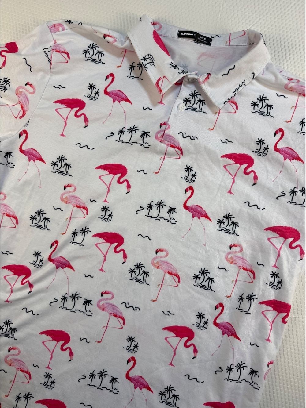 MANFINITY Mens XL Flamingo Polo Shirt Tropical Palm Tree Pink White Golf